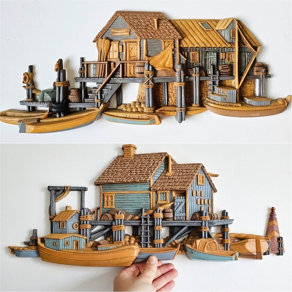 Pair of 1970's Burwood 3D Wall Hanging Seaside Vtg Set Fishing Wharf Boat Dock - Picture 1 of 16